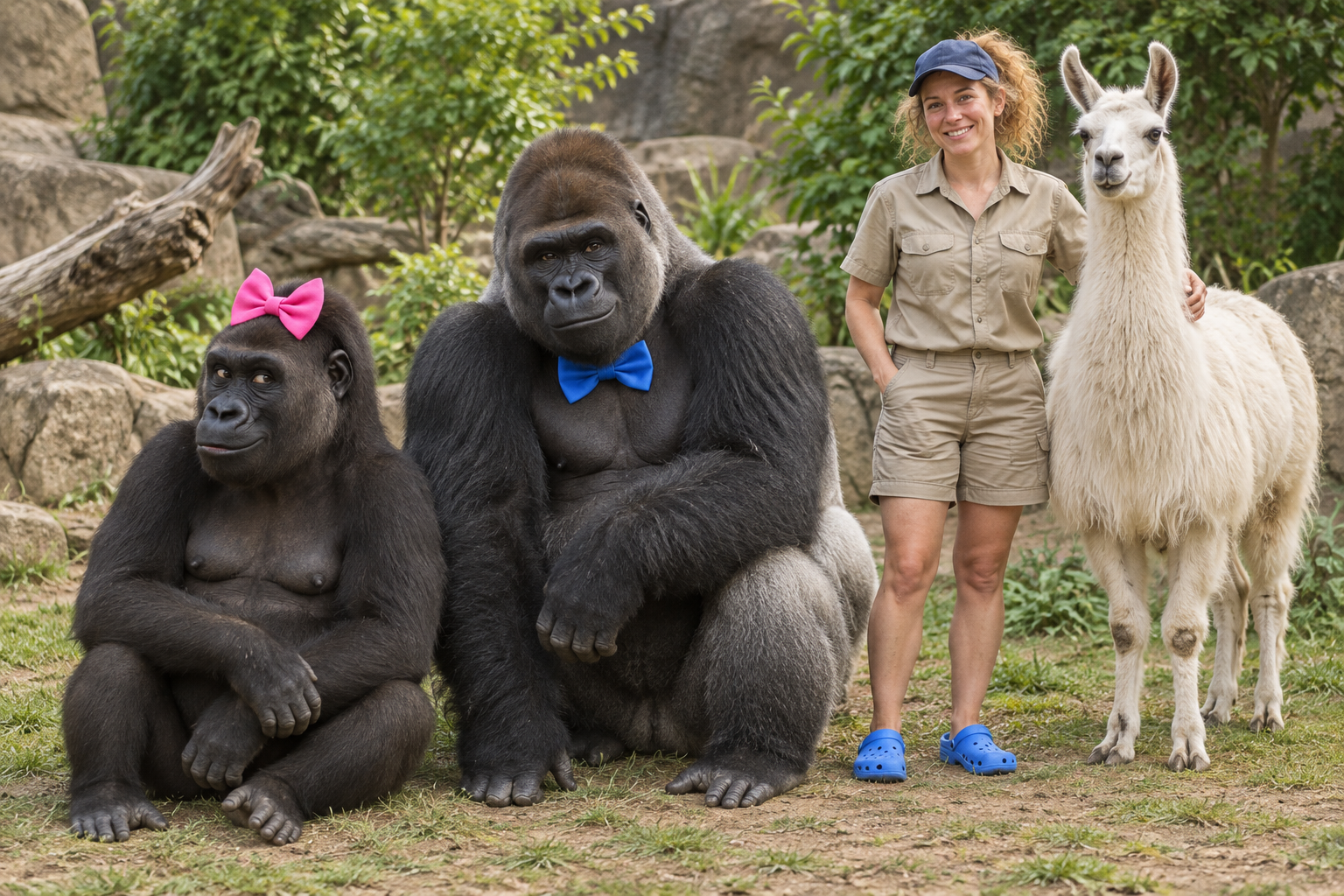 Kim with her pink bow, Jim with his blue bow tie, Becky in her navy cap and blue Crocs, and Loretta the white-furred llama