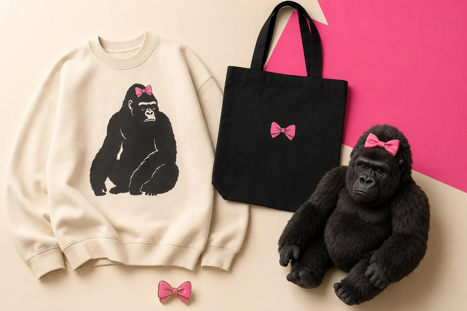 Preview of Kim merchandise concepts including a sweatshirt, tote, plush, and pink bow pin